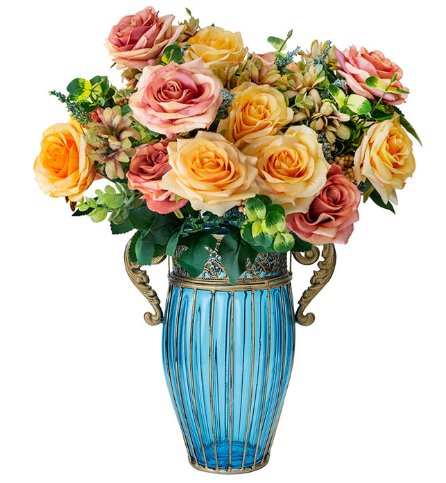 Blue Glass Flower Vase with 4 Bunch 11 Heads Artificial Silk Rose Set
