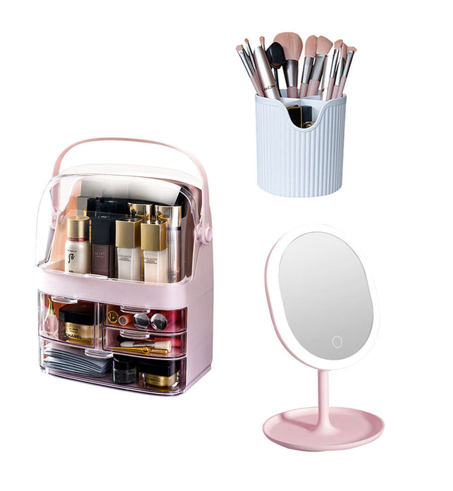 Pink 3 Tier Cosmetic Storage with Brush Lipstick Holder Organiser and LED Light Tabletop Mirror Set