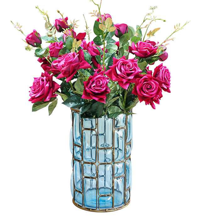 Blue Glass Cylinder Flower Vase with 8 Bunch 5 Heads Artificial Silk Rose Set