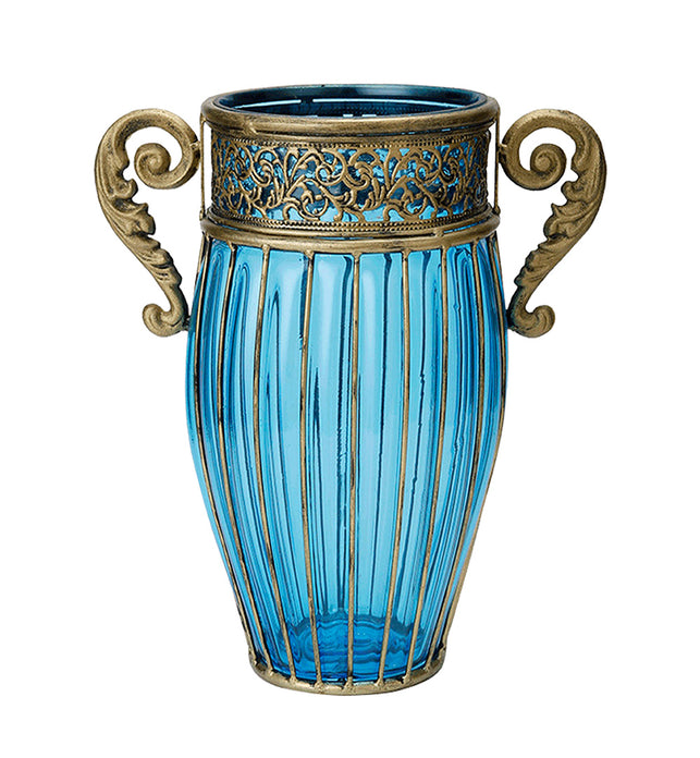 Blue European Glass Flower Vase with Two Metal Handle