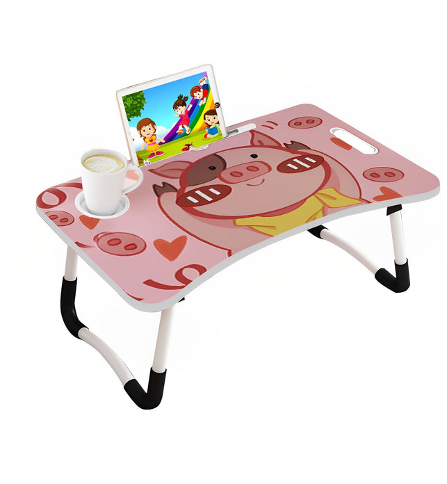 Pink Cute Pig Design Foldable Study Bed Table Adjustable Portable Desk Stand With Notebook Holder and Cup Slot