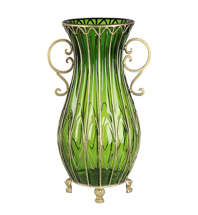 51cm Green Glass Floor Vase with Metal Stand