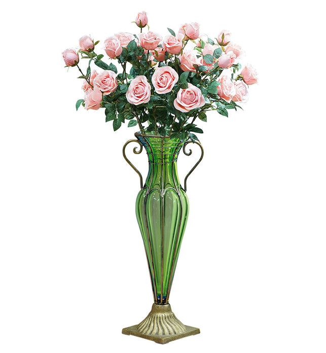 Green Glass Flower Vase with 8 Bunch 5 Heads Artificial Silk Rose Set