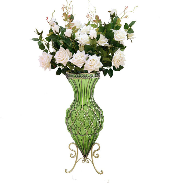67cm Green Glass Floor Vase and 12pcs White Artificial Flower Set ...