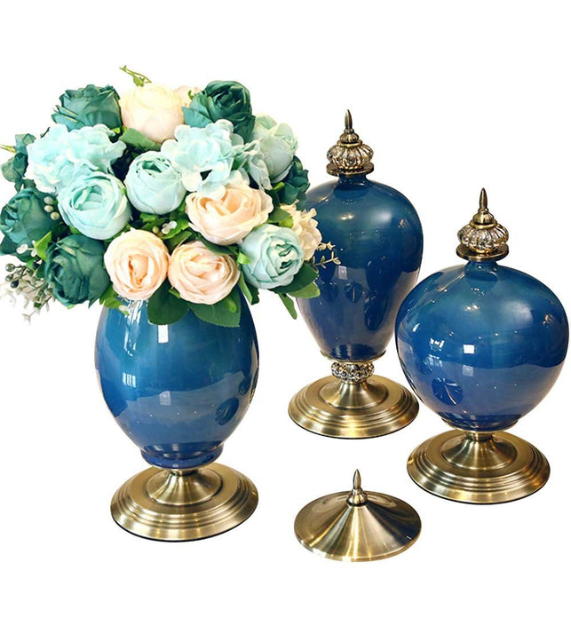 3x Ceramic Vase with Blue Flower Set Dark Blue