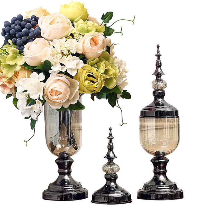 2x Clear Black Glass Vase with Lid and White Flower Set