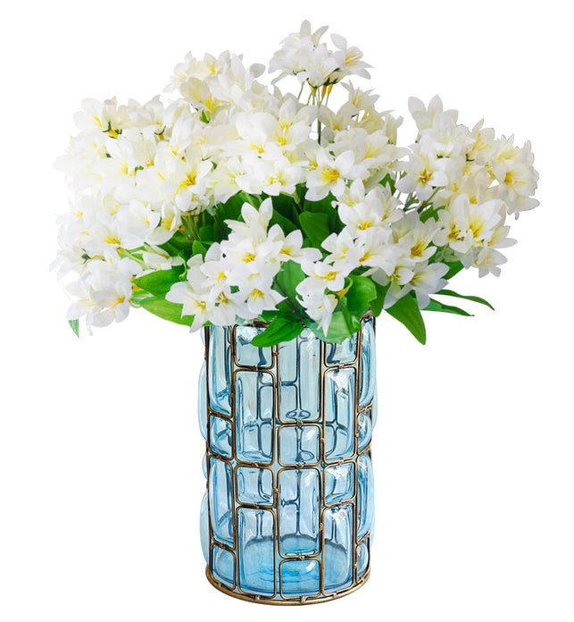 Blue Glass Cylinder Flower Vase with 10 Bunch 6 Heads Artificial Silk Lilium nanum Set