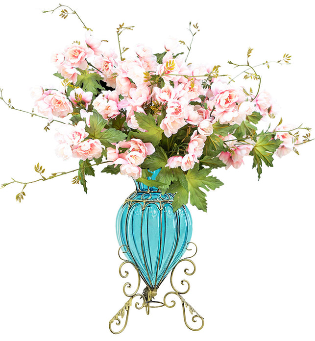 Blue Glass Floor Flower Vase with 8 Bunch 3 Heads Artificial Silk Hibiscus Set