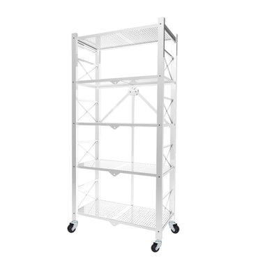 5 Tier Steel White Foldable Display Stand with Wheels