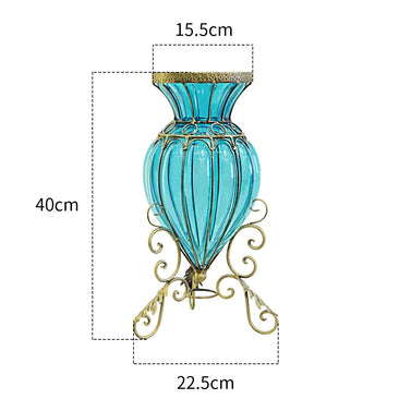 Blue Glass Floor Flower Vase 8 Bunch 5 Heads Artificial Silk Rose Set