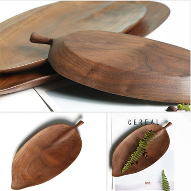 Set of 2 Walnut Leaf Shape Wooden Tray