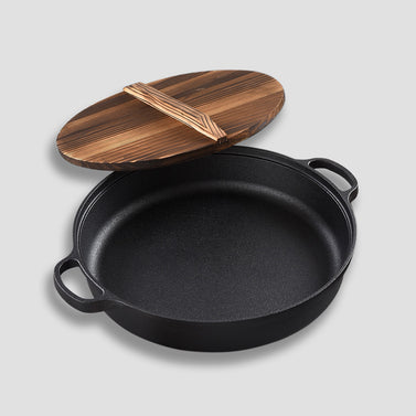 33cm Round Cast Iron Frying Pan with Wooden Lid