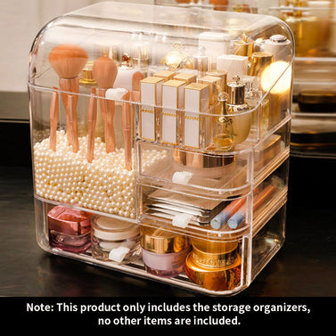 Transparent Cosmetic Storage Skincare Organiser with Pearls and White LED Light Tabletop Mirror Set