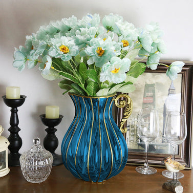 Blue European Glass Flower Vase with Metal Handle