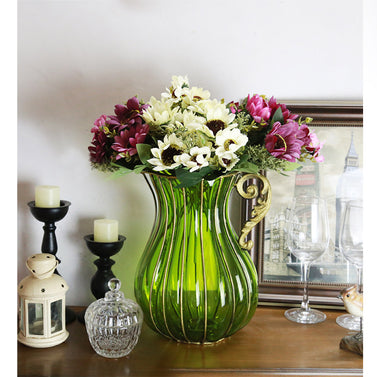 Green European Glass Flower Vase with Metal Handle