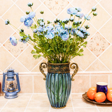 Blue European Glass Flower Vase with Two Metal Handle