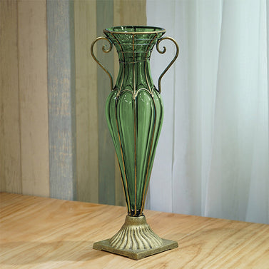 Green European Glass Flower Vase with Two Gold Metal Handle
