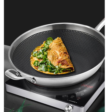 18/10 Stainless Steel 34cm Frying Pan Textured Non Stick Interior with Helper Handle and Lid
