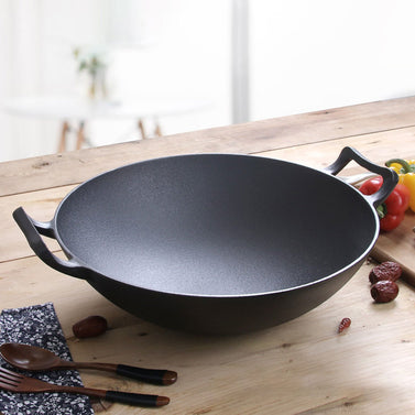 32cm Cast Iron Wok Fry Pan with Double Handle