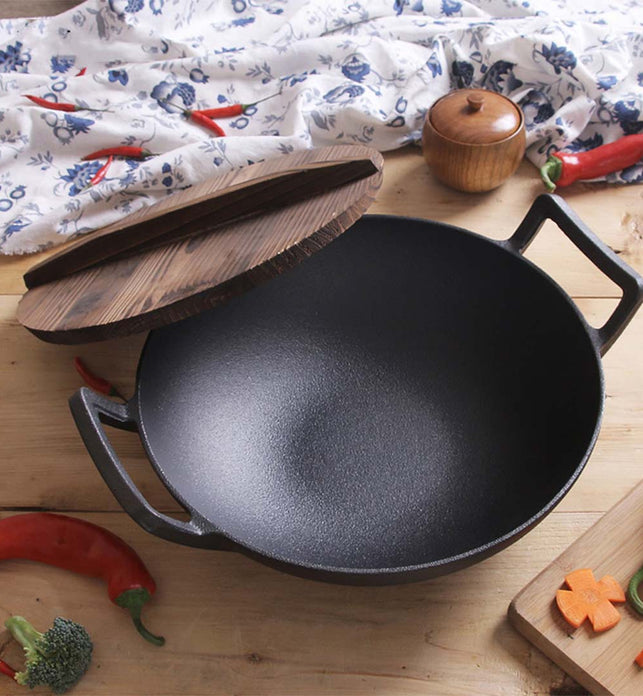 Konco Iron wok Cast iron pan Non-coated Pot General use for Gas and  Induction Cooker 32cm Chinese Wok Cookware Pan Kitchen Tools
